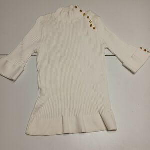 Evie Women Pullover Sweater White 3/4 Sleeve Mock Turtleneck Cable Knit L
